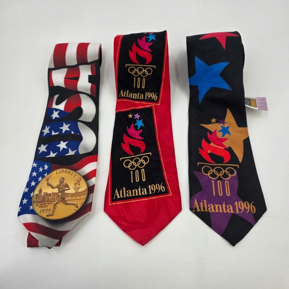 OLYMPIC GAMES TIES LOT OF 3 VINTAGE 90S NEW BUNDLE USA ATLANTA COLLECTOR AMERICA